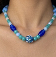 Handcrafted Glass Beaded Necklace, Blue Green White, Women’s Jewelry beach
