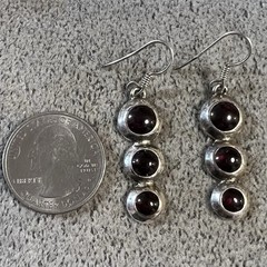 Artisan Made 3 Stone Rhodolite Garnet Sterling Silver Dangle/Drop Earrings