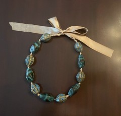 Artisan Chunky Ceramic Glazed Bead Statement Necklace Teal Turquoise Ribbon