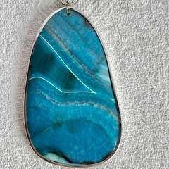 Large Teal Sliced Agate Geode Stone Pendant Enamel Slide Bale
