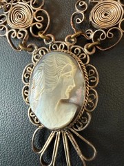Vintage Sterling Silver triple shell Cameo Necklace – Mother of Pearl, Victorian