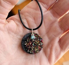 Handmade Resin Circle Pendant Necklace Multicolor Crushed Glass Teal Accent
