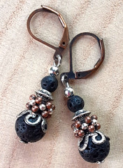 BLACK LAVA ROCK Silver and Copper drop earring artisan leverback 612