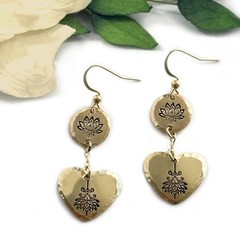 Gold Lotus Heart Dangle Earrings, handmade, hand-stamped, boho, festival