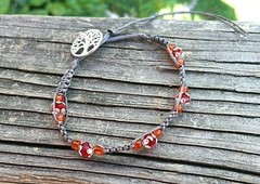 Handmade Bracelet- Unisex, Tree of Life, Red & Orange Beads. Adjustable Closure