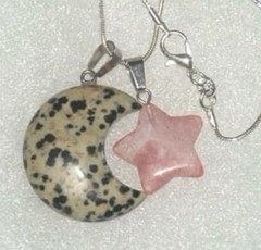 Dalmation Jasper moon And Cherry Quartz Crystal Star Silver 24” Necklace
