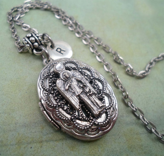 Guardian Angel Filigree Locket Necklace with Crystal, Protection Angel