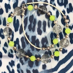 Handmade Necklace Clear Crystal, Neon Green Quartz Round Beads with Gray Pearls