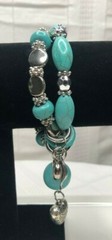 Stretch Bracelet, Plastic Silver & Turquiose (Dyed) Heart & Leaf Charm Bracelet