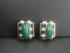 Earrings Silver Green Onyx Stones Vintage Mexico Sterling Silver 925 Screw Back