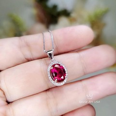 Gemstone Halo Ruby Necklace 2 CT Oval Solitaire Red Ruby Pendant Sterling