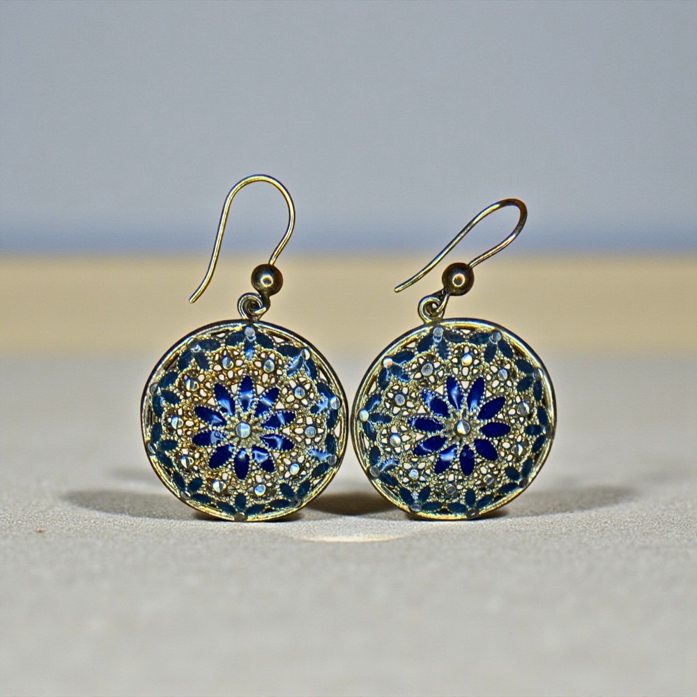 Italian Filigree 925 Silver Earrings | Blue Enamel Floral Drops