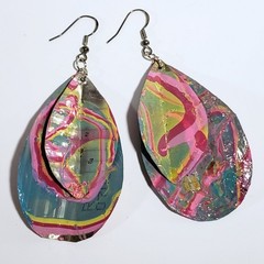 Large Dangle drop earrings Pink Red Green marble swirl Handmade Upcycled