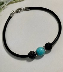 Turquiose and Lava Beaded Bracelet on a Rubber Cord with Stainless Steel Clasp