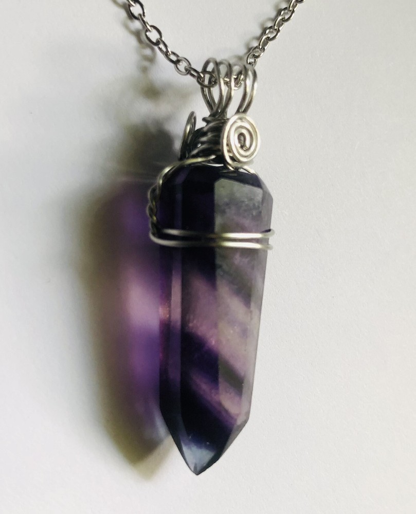 Natural Purple Fluorite Crystal Point Wire Wrapped Pendant Necklace