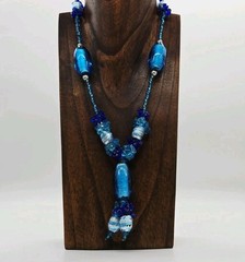 Turquoise Blue Lampwork Glass & Acrylic Beads Y-Drop Necklace Silver tone