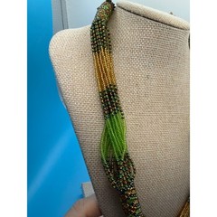 Multi Strand Seed Bead Statement Necklace Green Gold Iridescent Woven Boho 22″