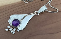 Vtg Designer Sterling 925 Amethyst, Pearl Beads Gold Wire Pendant Necklace 18”in