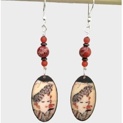 Art Deco Portrait Drop Earrings Artisan Oval Copper Charms Red Jasper Hematite