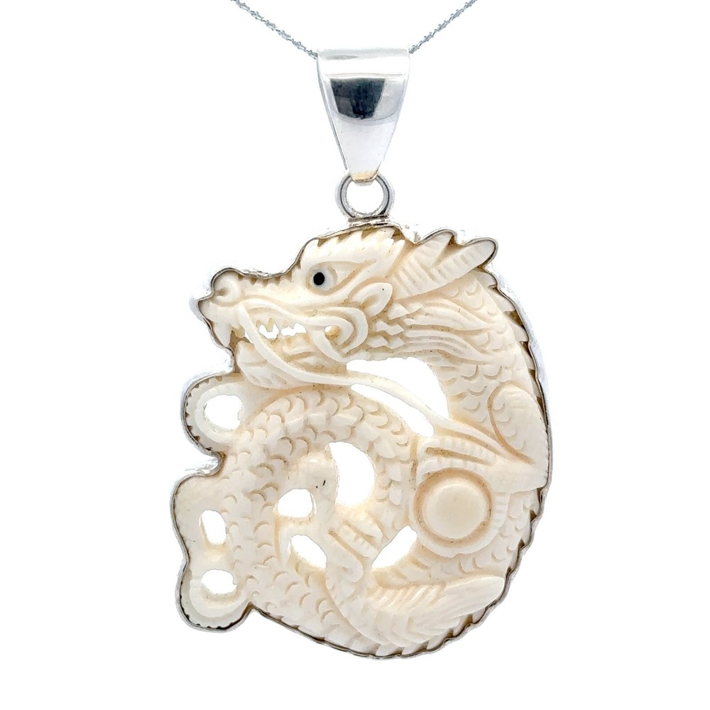 Sterling Silver Handmade Carved Dragon Pendant-(Charles Albert)-1.5 x 2.25 Inch