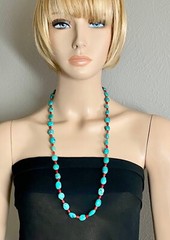 Tibetan Turquoise & Red Coral Bead Necklace 14K Gold Bead Accent 30″ Long 70 Gr