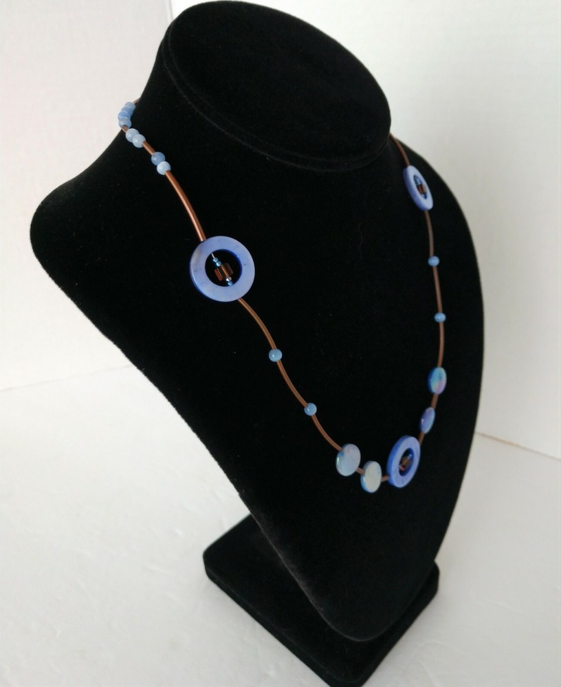 Periwinkle Blue and Brown Necklace , Agate & Shell With Copper Plated Tube Beads