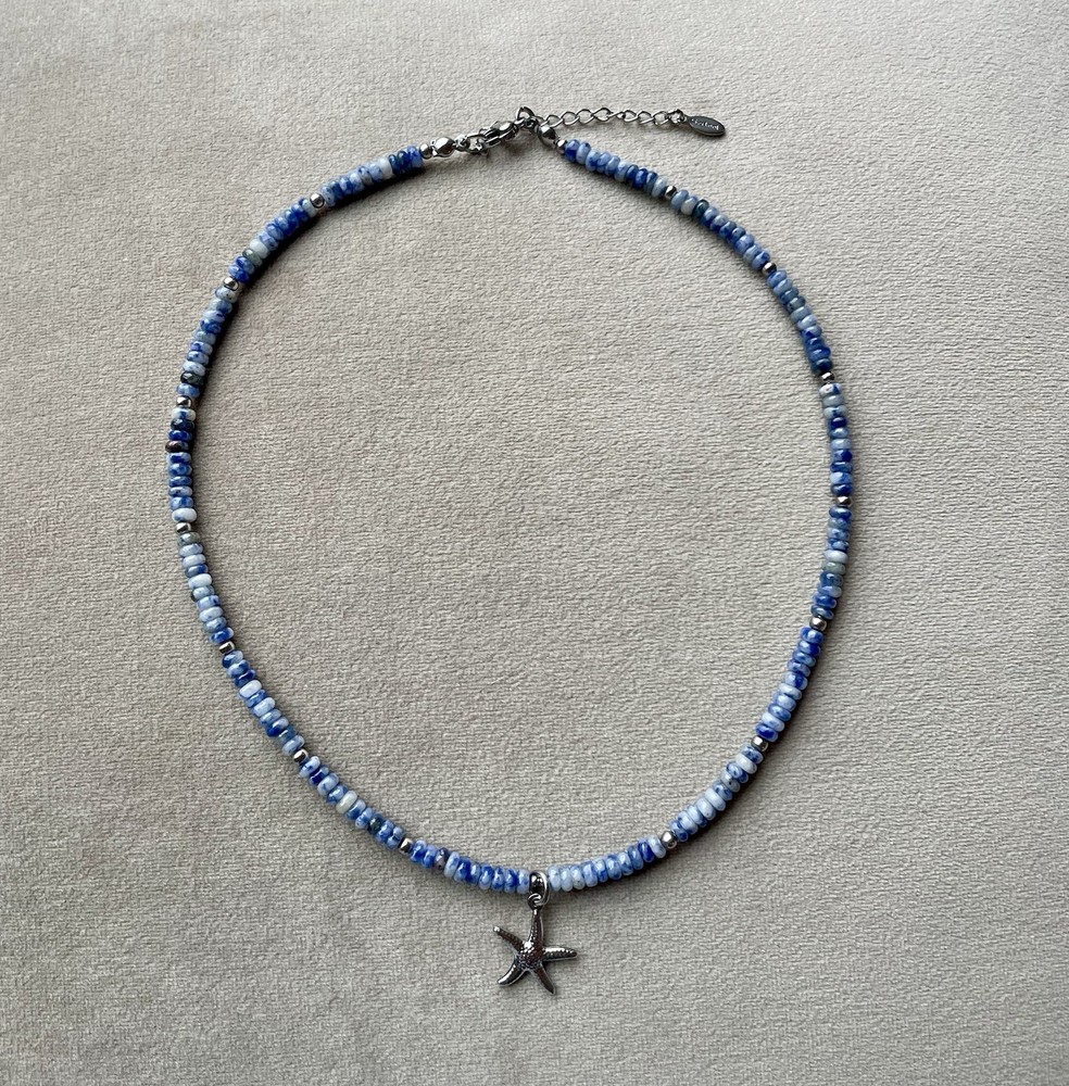 BLUE DOT SODALITE Rondelle Beads STAINLESS Starfish Choker Unisex Necklace 16”