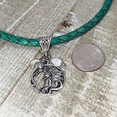 Emerald Green 6mm Bolo Chord w Silver Pewter Chinese Dragon, Rainbow Moonstone