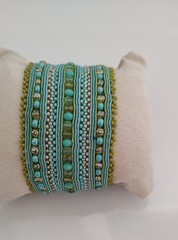 Beaded Cuff Bracelet Boho Style Handcrafted Unique Shades- Turquoise Teal Green