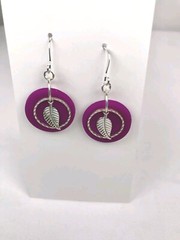 Handmade Purple Clay Earrings, w/ Leaf & Hoop, Silver Plated Hooks