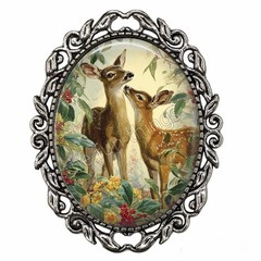 Playful Deer Brooch Vintage Style Pin Silver Glass Dome Wildlife Lover Gift