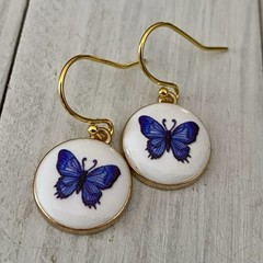 Min Favorit Blue White Ceramic Butterfly Charm & Gold Pl Artisan Drop Earrings