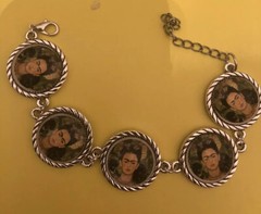 Retro Frida Kahlo Green Vines Vintage Bevel Circle Link Silver Bracelet Sz (S/M