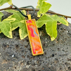 Pendant Necklace Handmade «Molten Coral» Long Gold Bezel Glass Black Cord