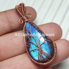 Wire Wrapped Labradorite Copper Pendant Necklace: Handmade Boho Jewelry 30×60 mm