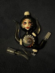 Handmade Glass Pendant Dab Rig with Face and Spiral, 10mm Rainbow Black&White