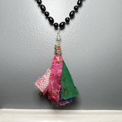 Handmade Sari Silk Tassel Necklace Black Knotted Beads Boho 0749 G