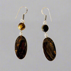 Tiger’s Eye Oval and Round Stones Set in .925 Sterling Silver Earrings