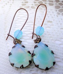 Brass & Blue Green Aqua Sabrina Glass Earrings – Pierced, Opal Like, Dangle