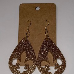 Handmade epoxy resin dangle fleur de lis earrings – gold glitter