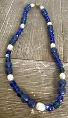 Hand Made dark blue beads and cultured pearl necklace 18″