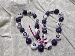 Hawaiian Purple & White Natural Kukui Nut Necklace Black Ribbon Tie Closure 32”
