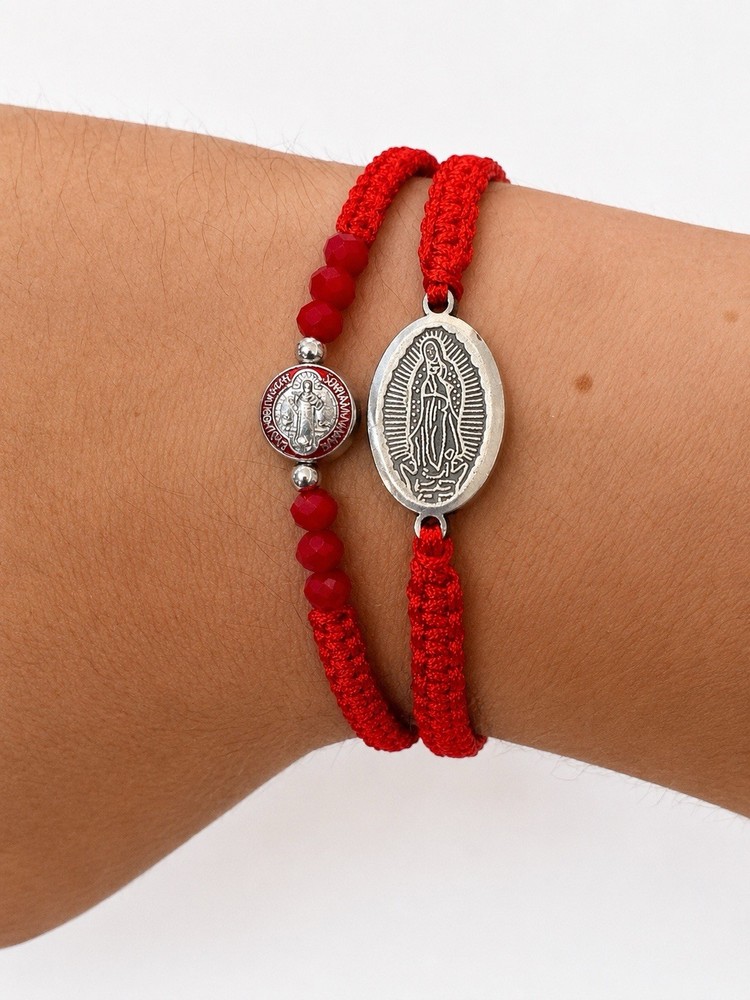 St. Benedict & Virgin Mary Bracelet Set Handmade Adjustable Red Cord Gift