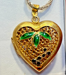 Vintage Sterling Silver 925 Heart Locket Necklace Guilloche Enamel Cherry Sprig