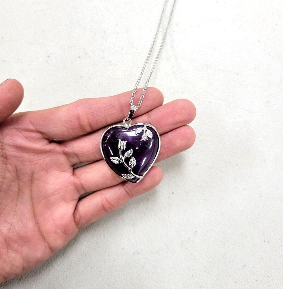 Amethyst Heart Crystal Necklace Natural Gemstone Pendant Healing Jewelry