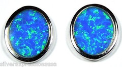9x11mm Oval Blue Fire Opal Inlay Solid 925 Sterling silver stud post earrings