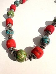 Moroccan EthnicNatural Red CORAL Bead & Turquoise Bead Necklace W Silver Spacers