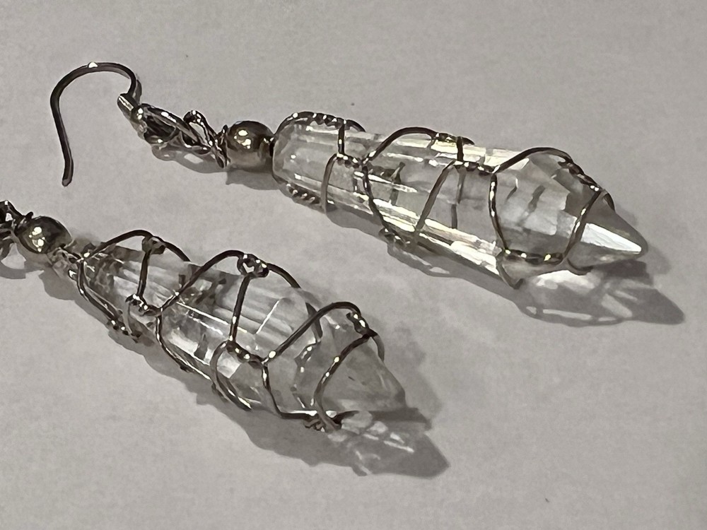 Wire-wrapped Clear Quartz Crystal Point Dangle Earrings Silver-toned Ear