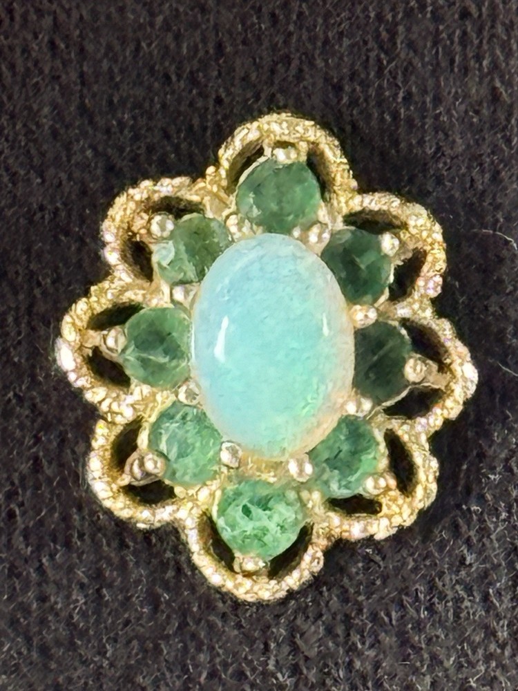 Vintage 14K Solid Gold Precious Gemstone Flower Pendant Emerald Ethiopian Opal