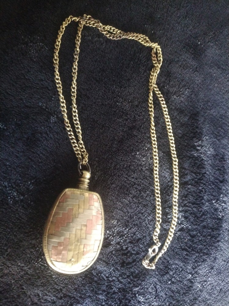 Vintage Weave Basket Perfume Bottle Necklace Brass Copper w/ Dip Stick Handmade